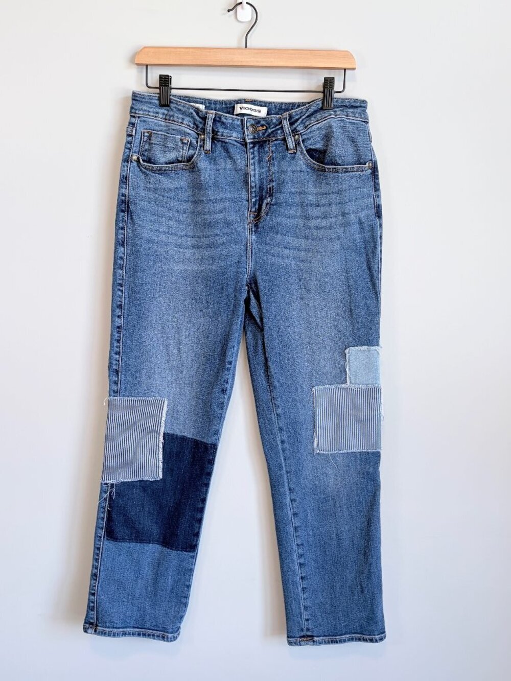 VIGOSS Straight Leg Jeans Frankie Patchwork Dark Wash Denim Women Size 30 Short